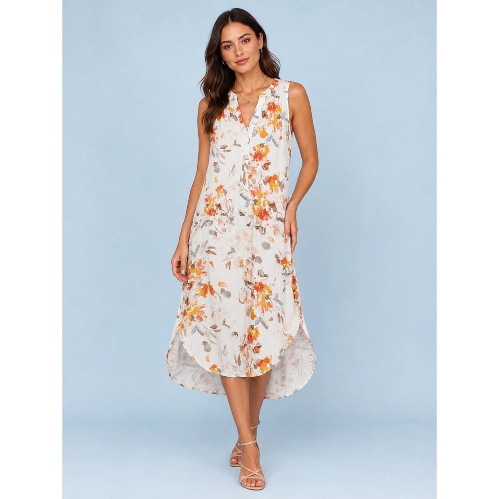 Cupio Floral High-Low Sleeveless Midi DressGarden Party White Orange Size Medium